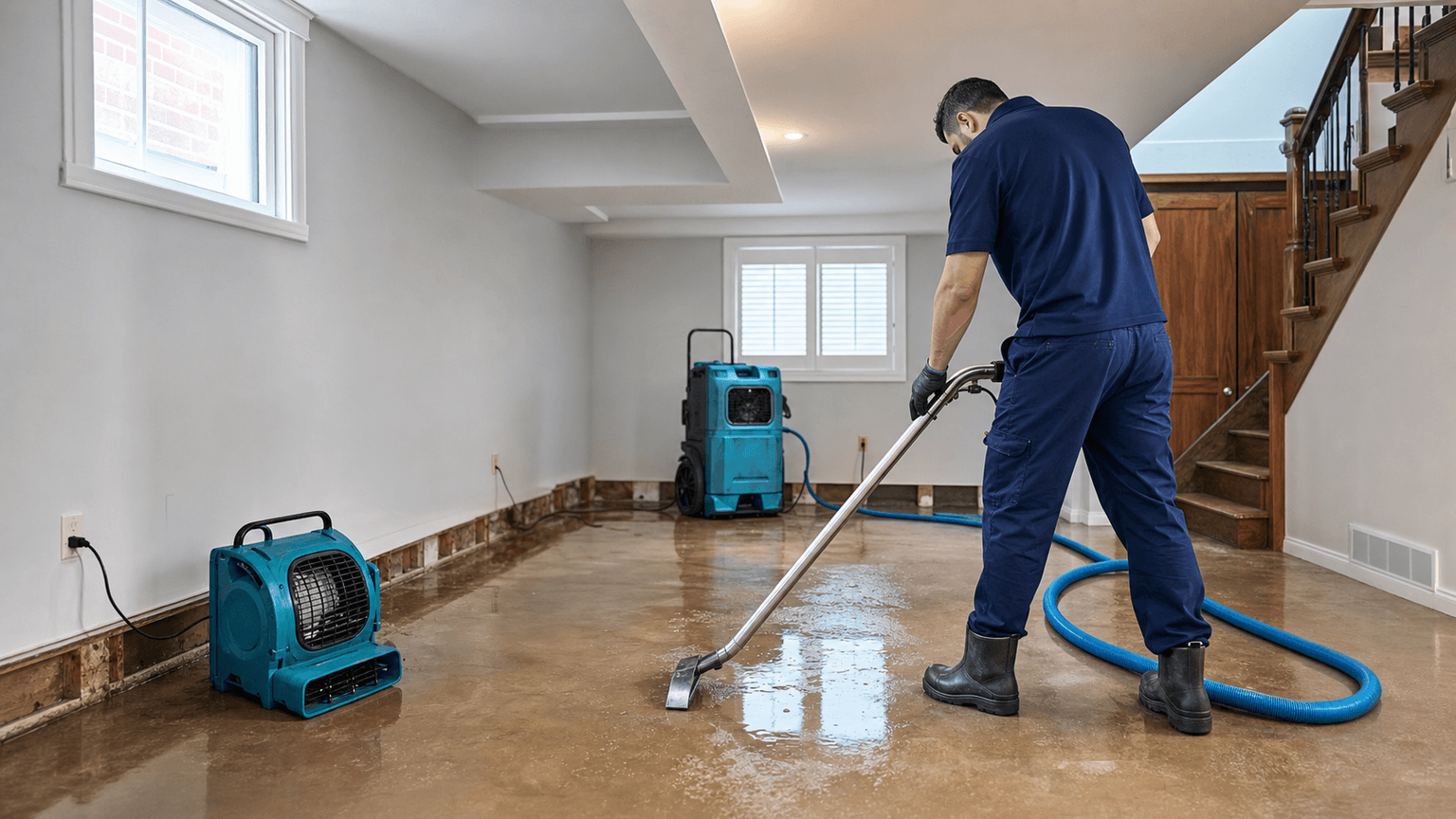 Emergency Restoration technician extracting water from a flooded Toronto basement