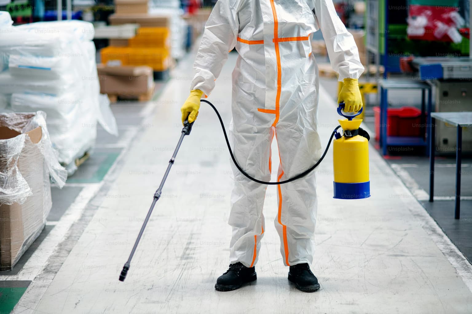 Restoration technician in protective suit disinfecting a contaminated interior