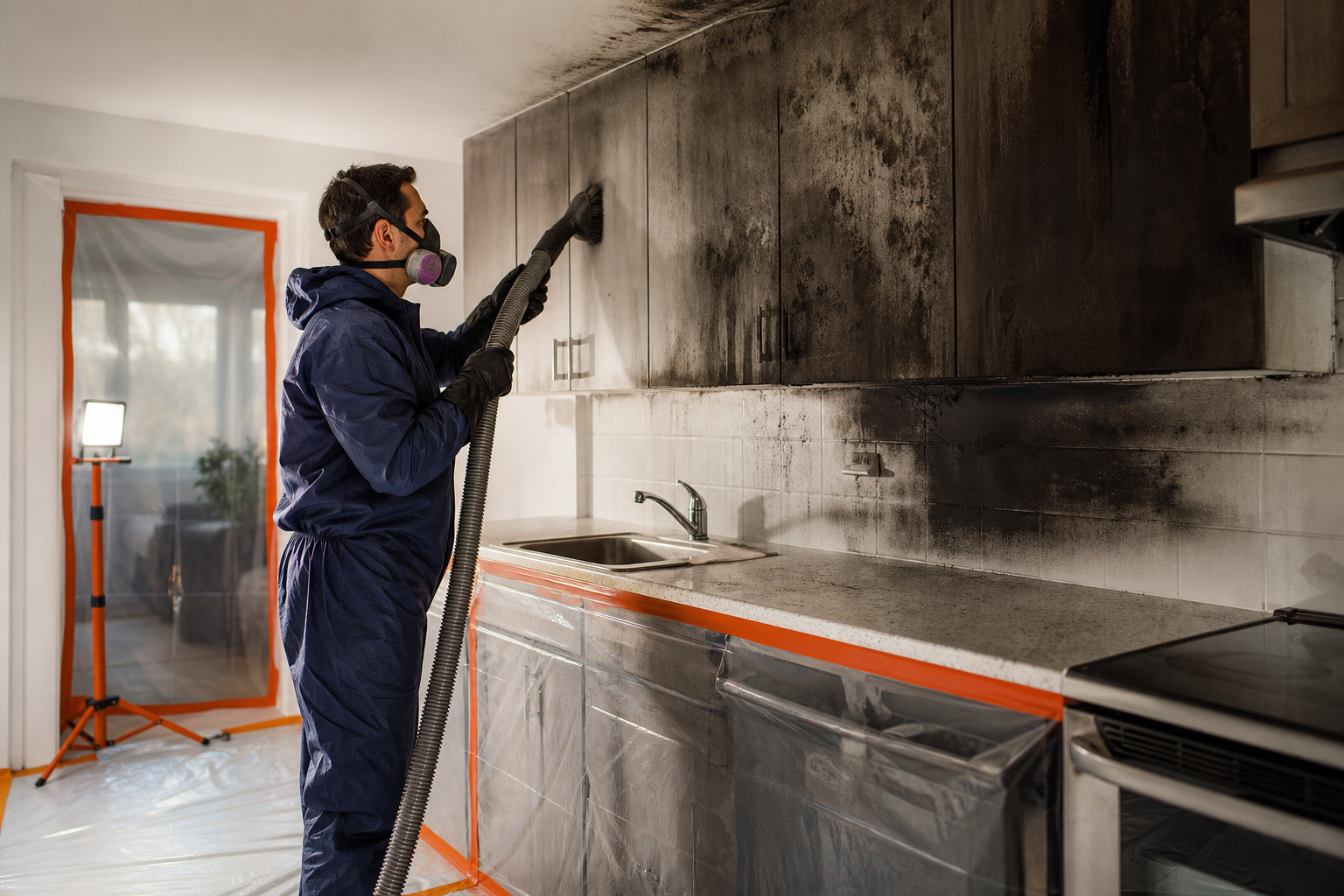 Fire restoration technician HEPA-vacuuming soot from a Toronto home interior