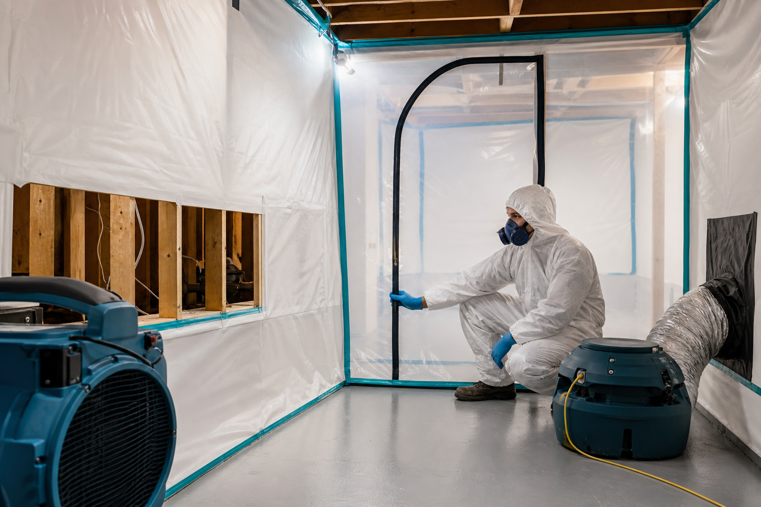 Mold remediation technician working inside a contained Toronto basement area