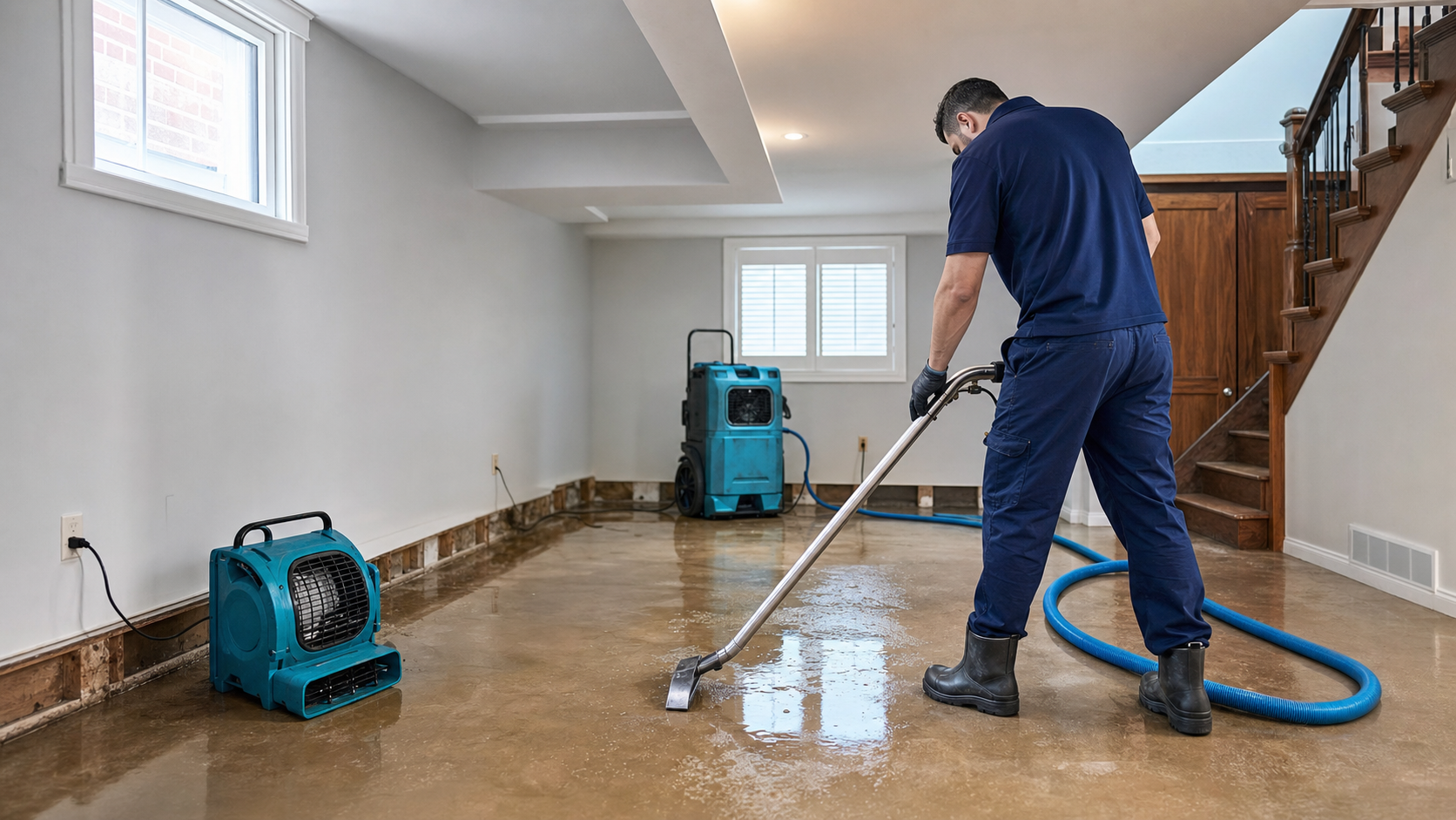 Emergency Restoration technician extracting water from a Toronto basement after a burst pipe
