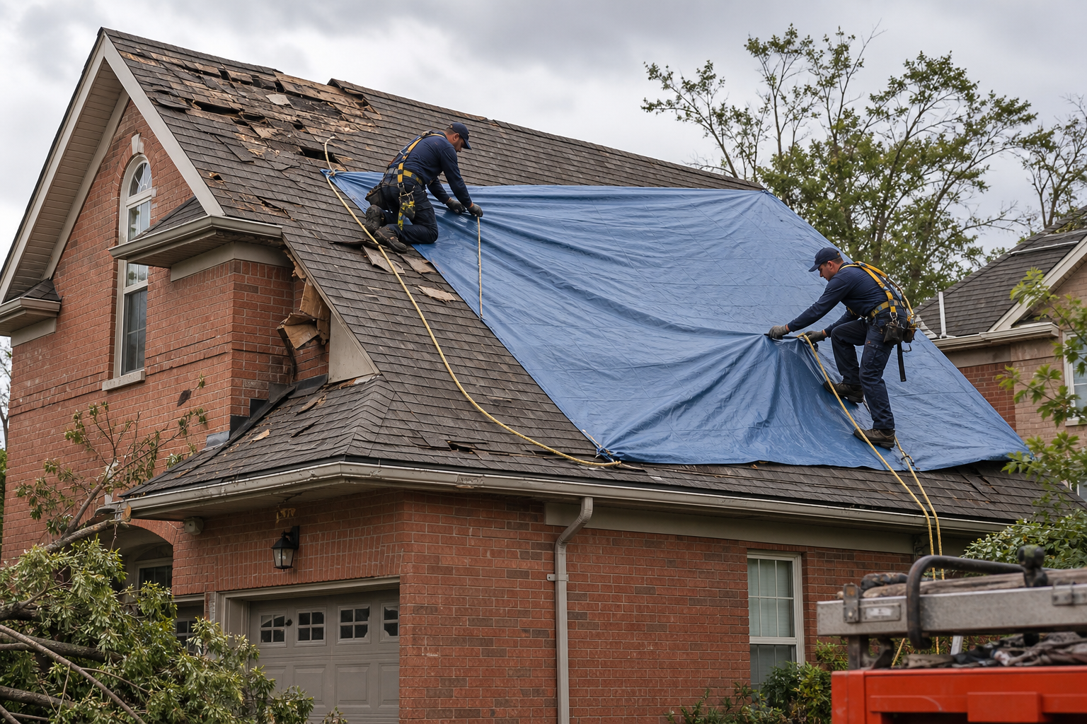 Storm restoration technicians securing a temporary roof tarp on a Toronto-area home