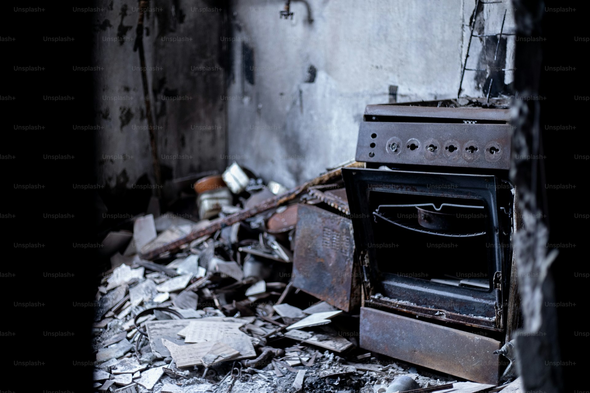 Room interior showing heavy smoke residue on walls and surfaces